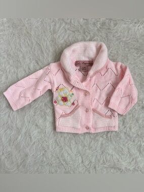 Little Beginnings Pink Shawl-Collar Knit Cardigan with Embroidered Bear